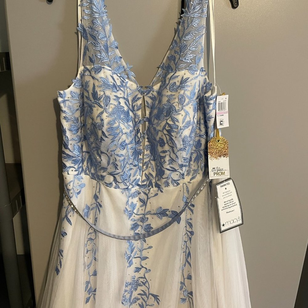 Plus size Prom dress -White with blue embroidered flowers